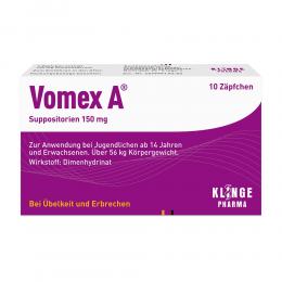 Ein aktuelles Angebot für VOMEX A 150 mg Suppositorien bei Übelkeit und Erbrechen 10 St Suppositorien Erbrechen & Übelkeit - jetzt kaufen, Marke Klinge Pharma GmbH.