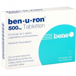 Ein aktuelles Angebot für Ben-u-ron 500mg Tabletten 20 St Tabletten Kopfschmerzen & Migräne - jetzt kaufen, Marke Bene Arzneimittel GmbH.